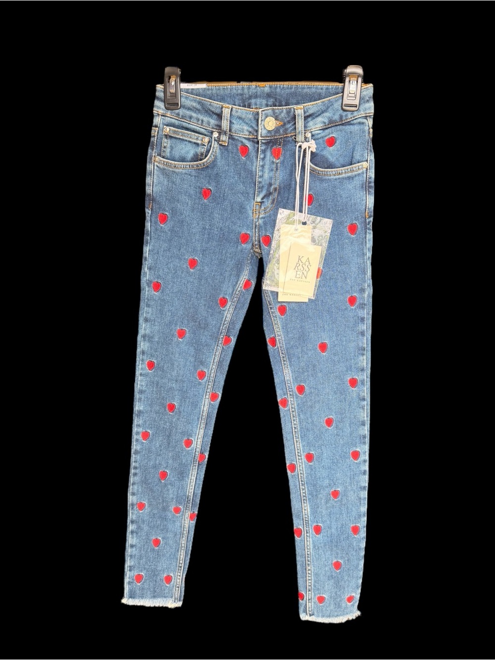 Zoe Karssen Patty Hearts Embroidered Skinny Jeans NWT Size 24 Red Hearts Denim